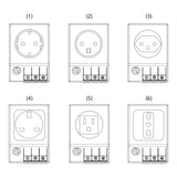 Set of six electrical outlets with different regional configurations on a white background
