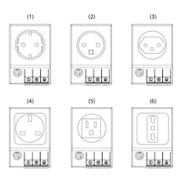 Set of six electrical outlets with different regional configurations on a white background