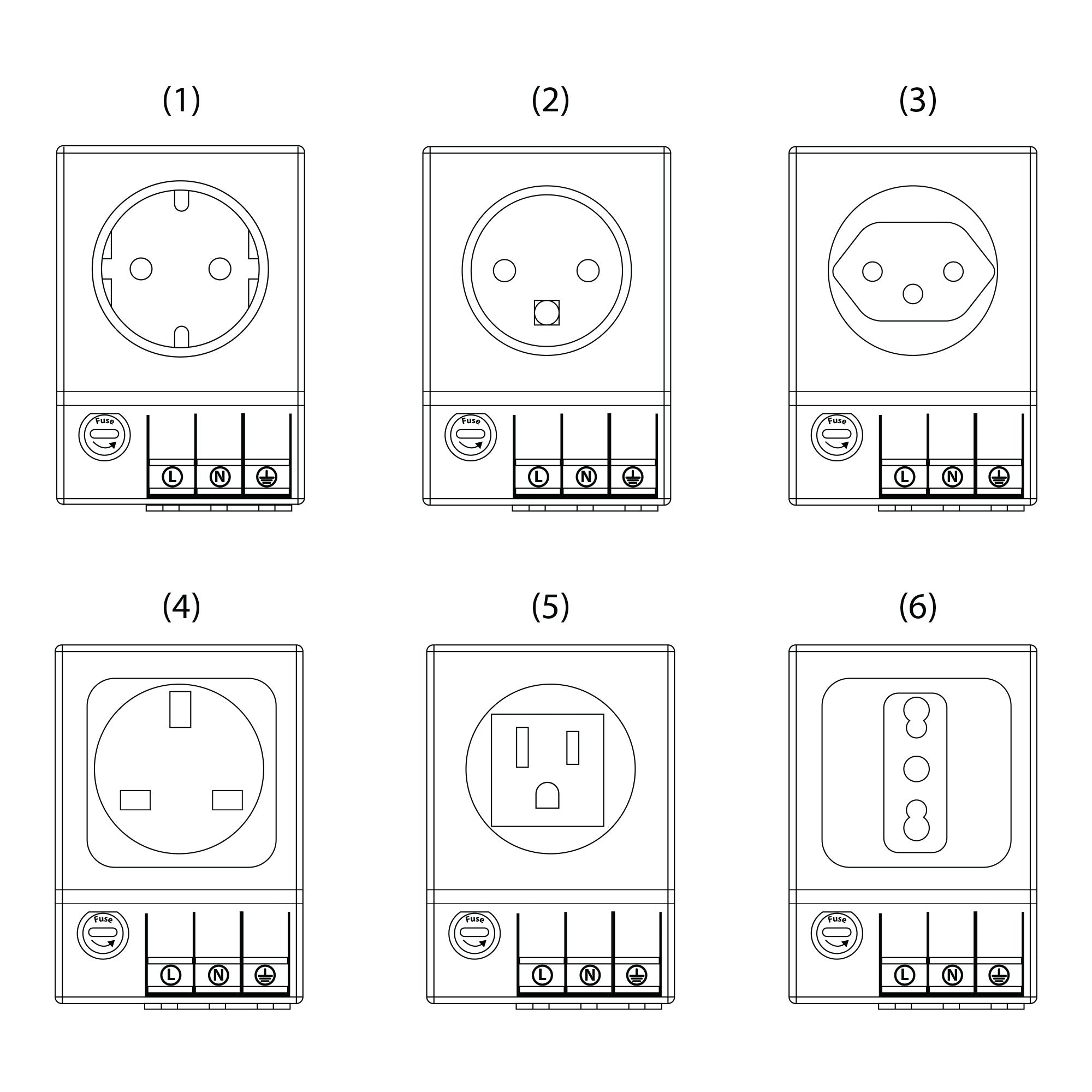 Set of six electrical outlets with different regional configurations on a white background