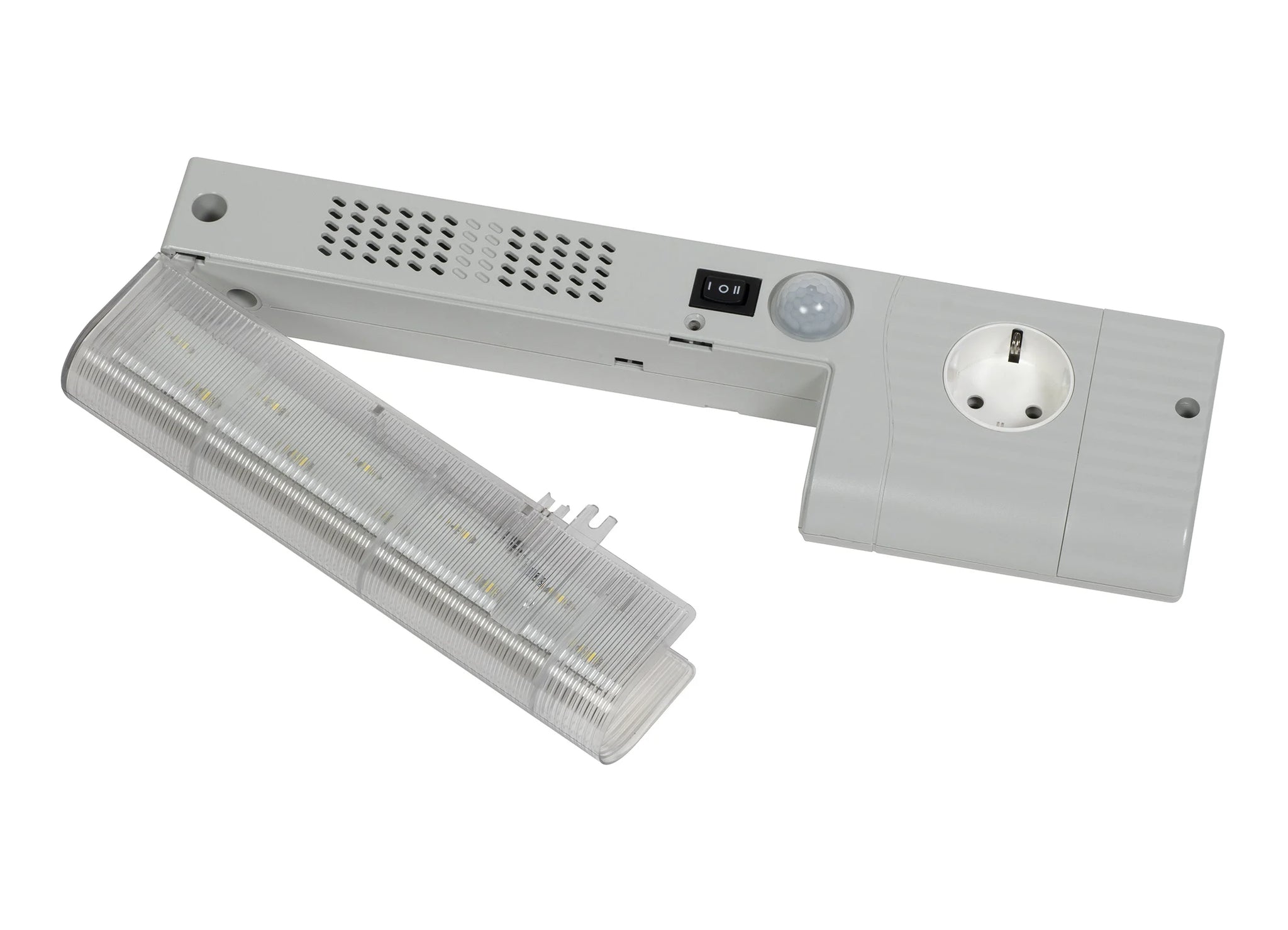 White LED light fixture with motion sensor on a white background