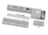 Disassembled LED light fixture on a white background