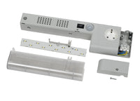 Disassembled LED light fixture on a white background