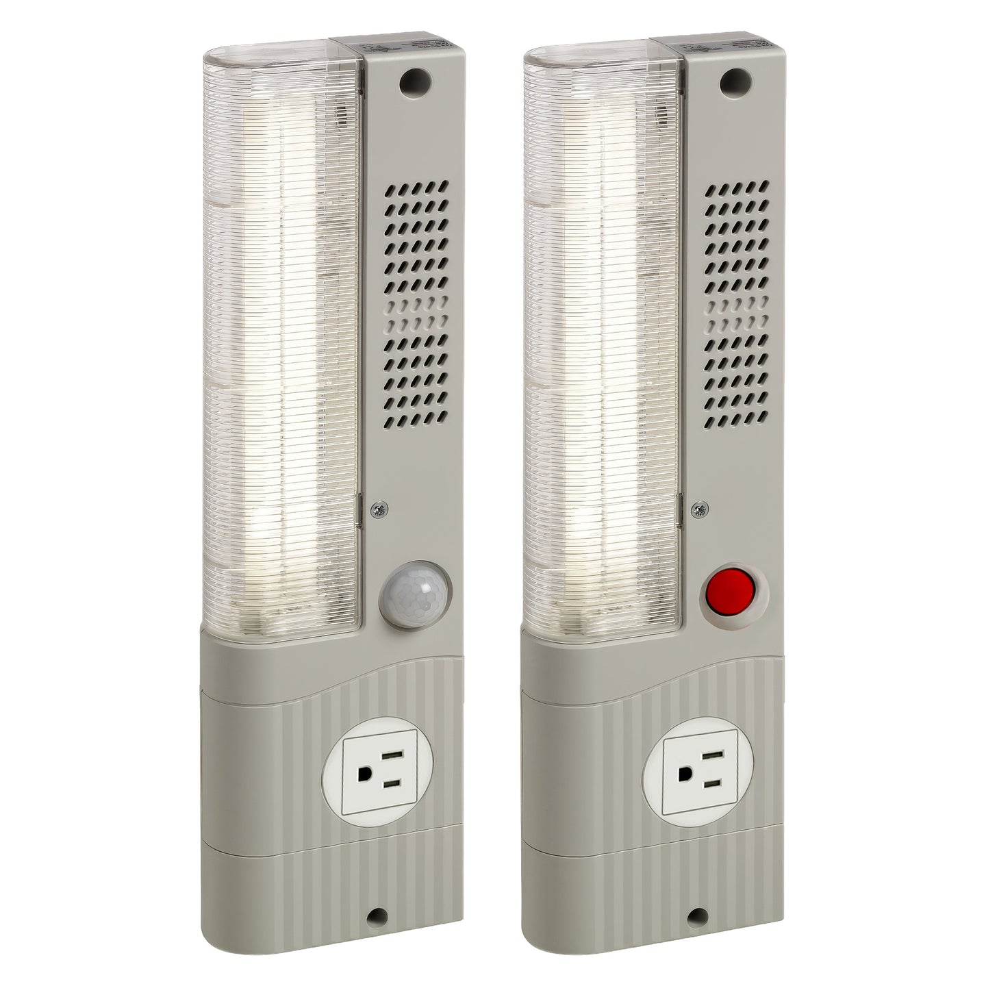Two LED enclosure lights, one with motion sensor and another with a red on/off button, and US receptacle on a white background.