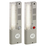 Two LED enclosure lights, one with motion sensor and another with a red on/off button, and US receptacle on a white background.