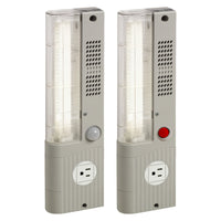Two LED enclosure lights, one with motion sensor and another with a red on/off button, and US receptacle on a white background.