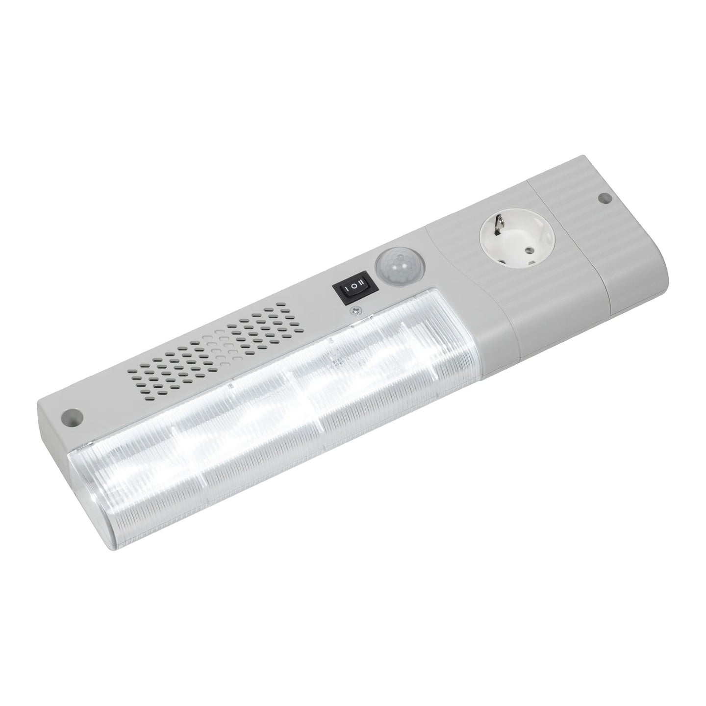 White LED light bar with sensor and plug on a white background