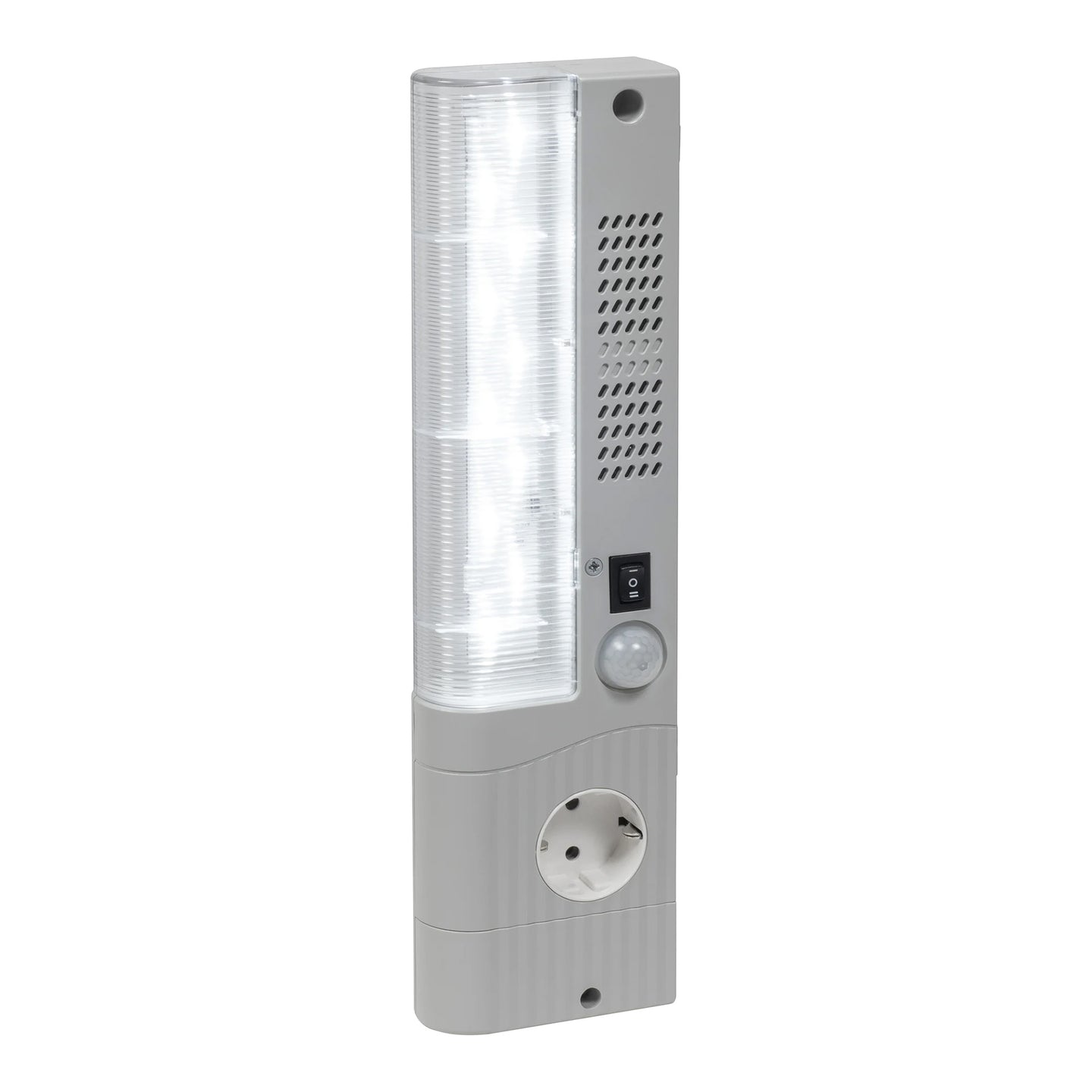 Tall rectangular outdoor light fixture with a power socket on a white background