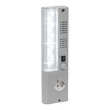 Tall rectangular outdoor light fixture with a power socket on a white background