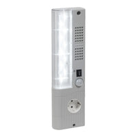 Tall rectangular outdoor light fixture with a power socket on a white background