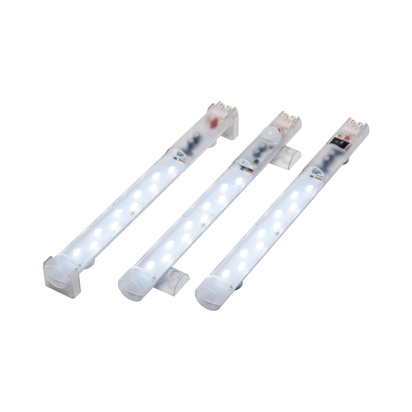 Three LED light bulbs on a white background
