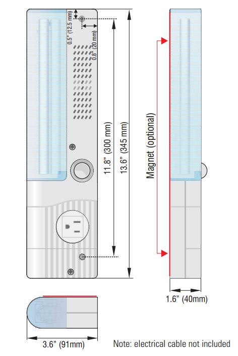 Technical drawing of a LED enclosure light with dimensions and features labeled.