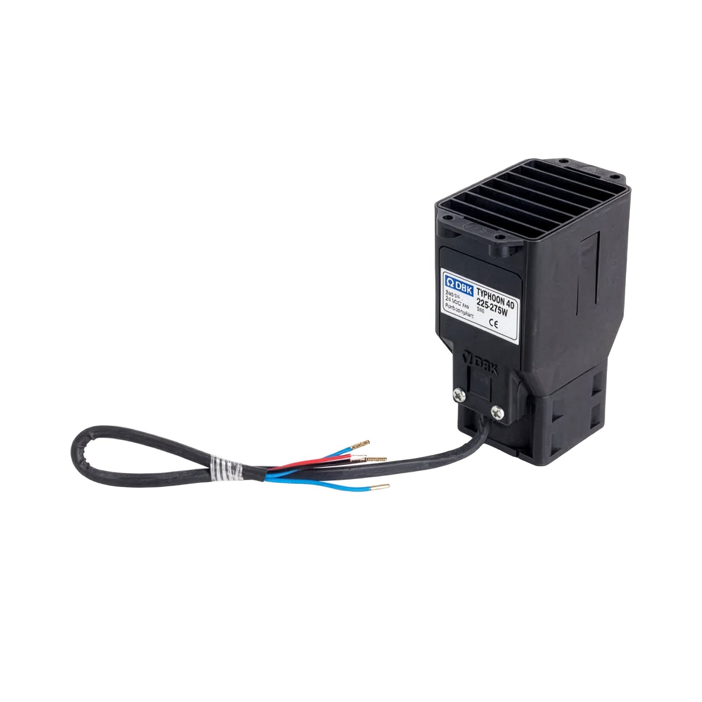 Black fan heater with wiring on a white background.