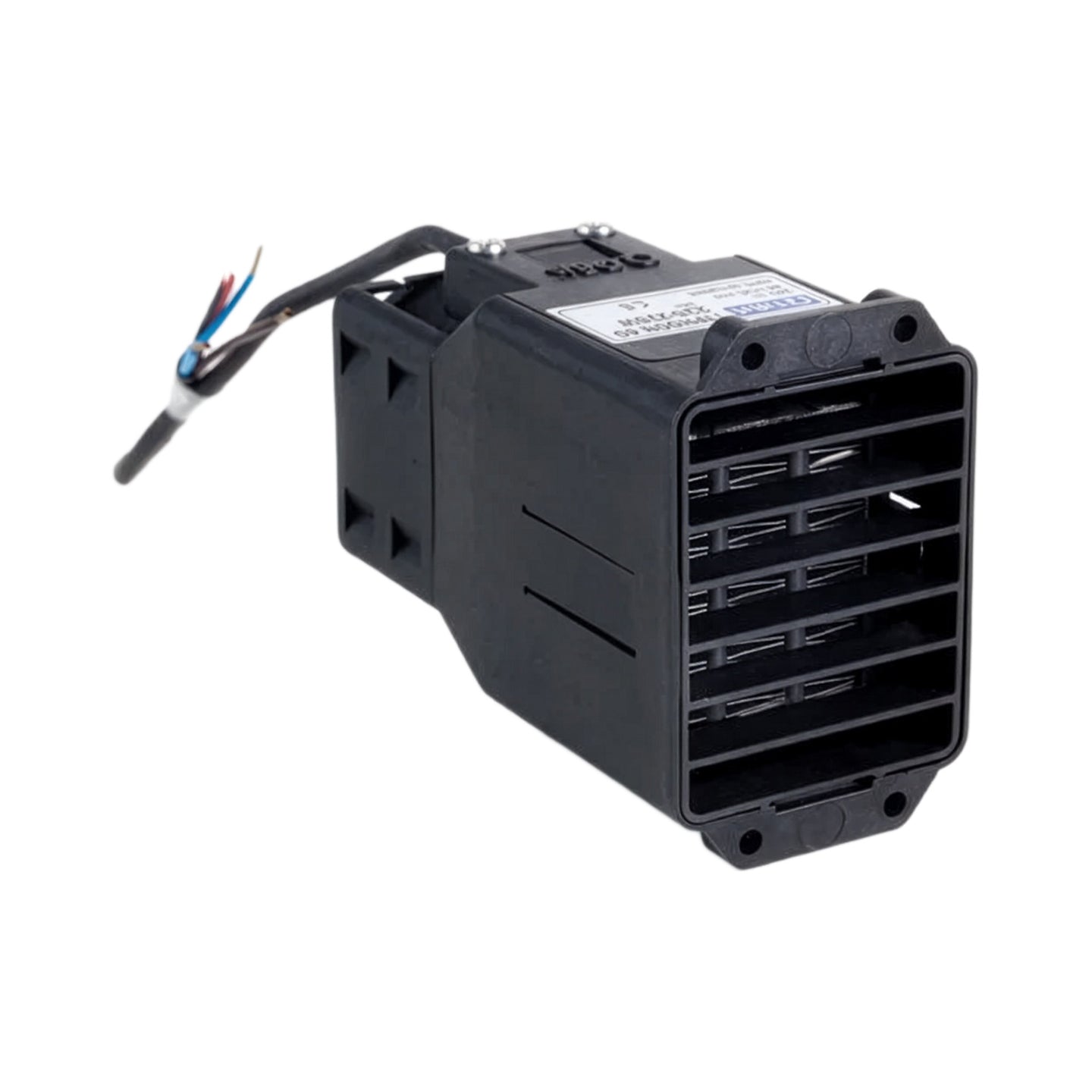 Black fan heater with wiring on a white background.