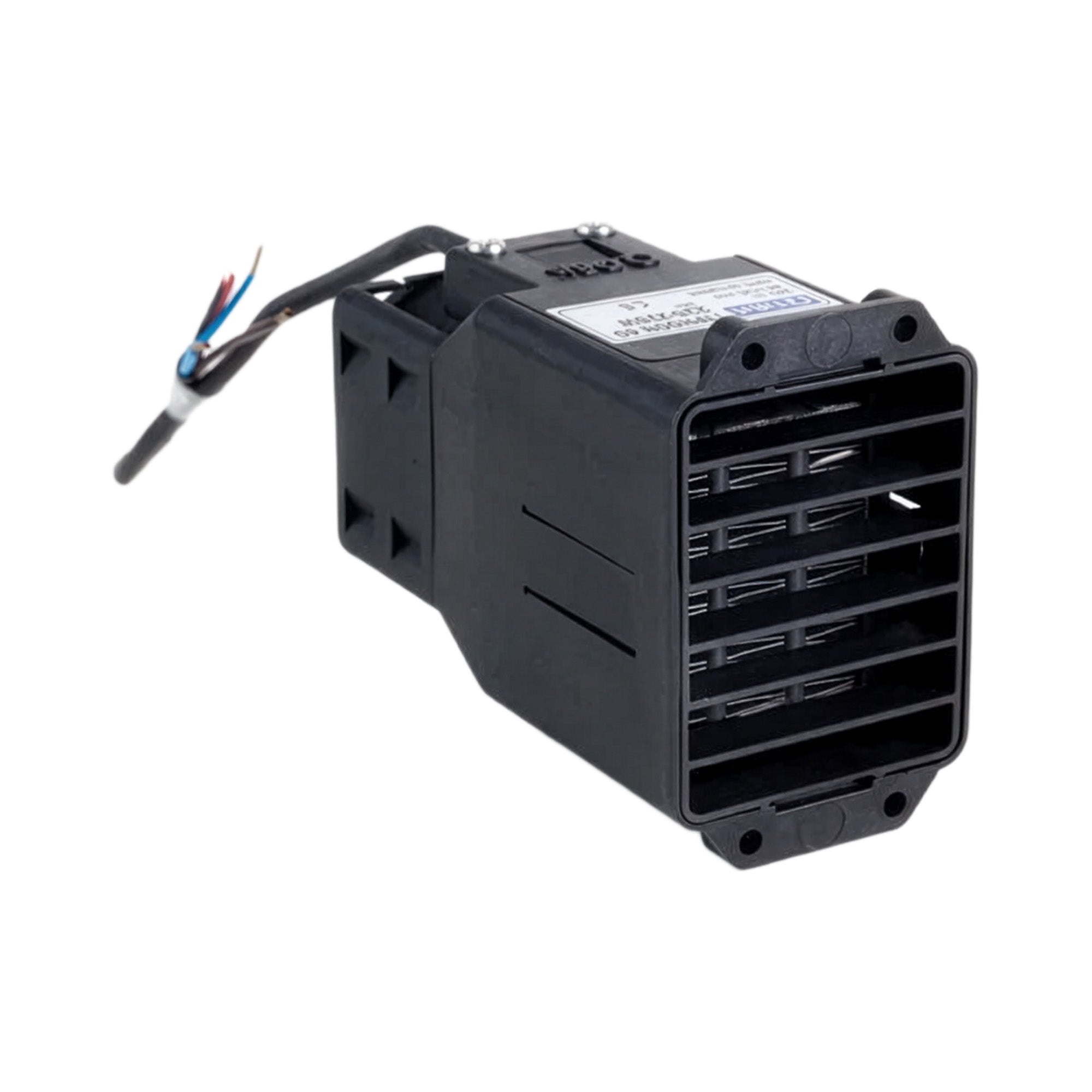 Black fan heater with wiring on a white background.