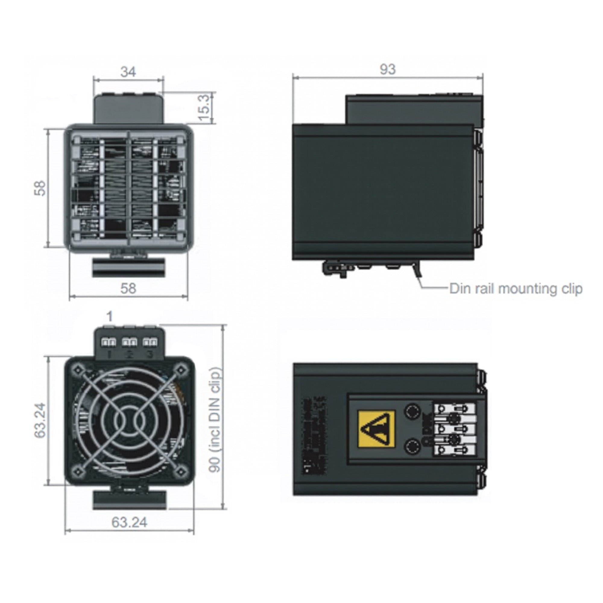 Technical drawings of electronic components with dimensions and labels on a white background