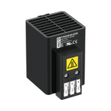 Black electronic device with warning label on a white background