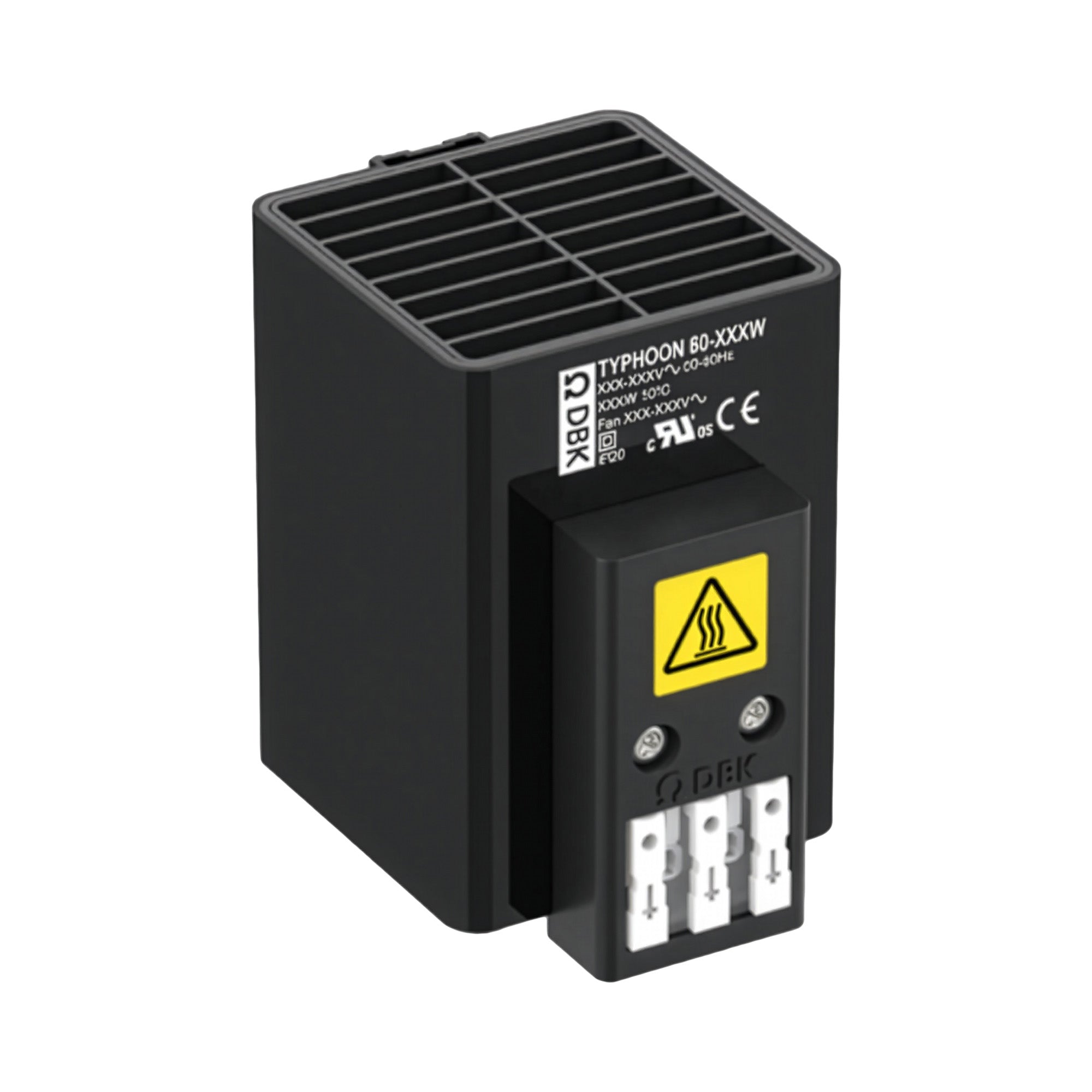 Black electronic device with warning label on a white background
