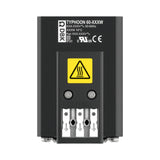 Black electronic device with warning label on a white background