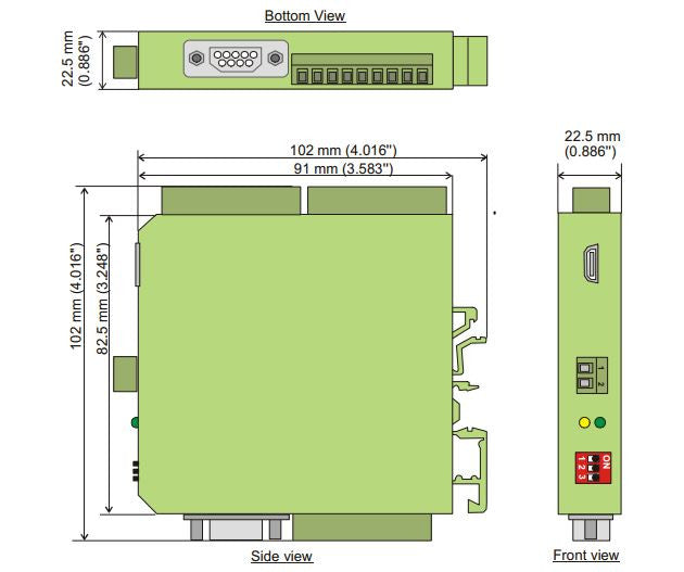 Technical diagram of a green electronic module with dimensions on a white background.