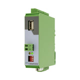 Green industrial control module with USB port on a white background