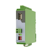 Green industrial control module with USB port on a white background