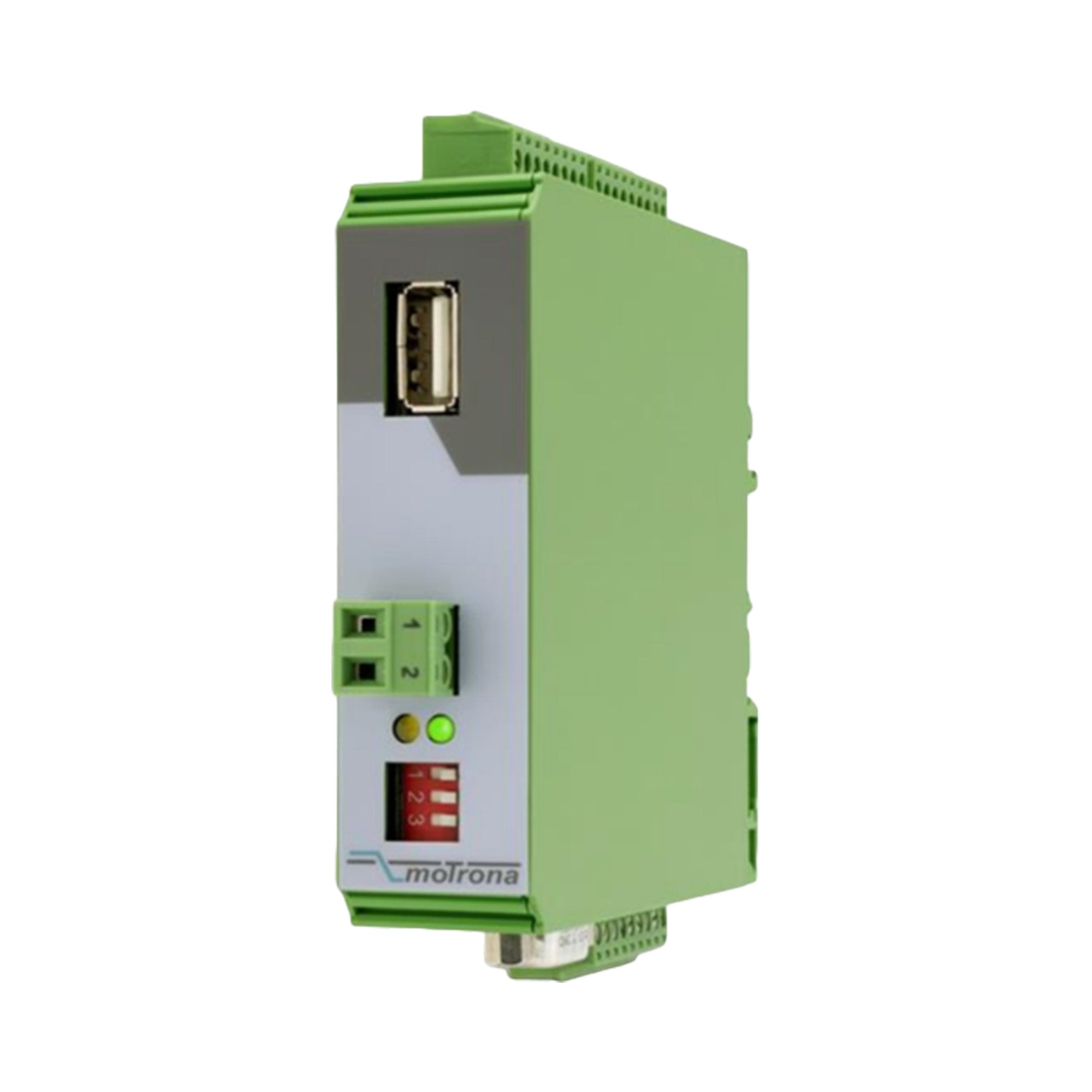 Green industrial control module with USB port on a white background