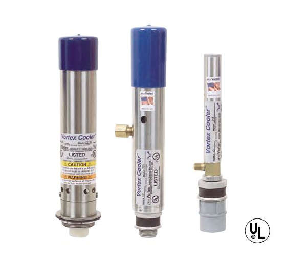 Three cylindrical metal devices with labels on a white background