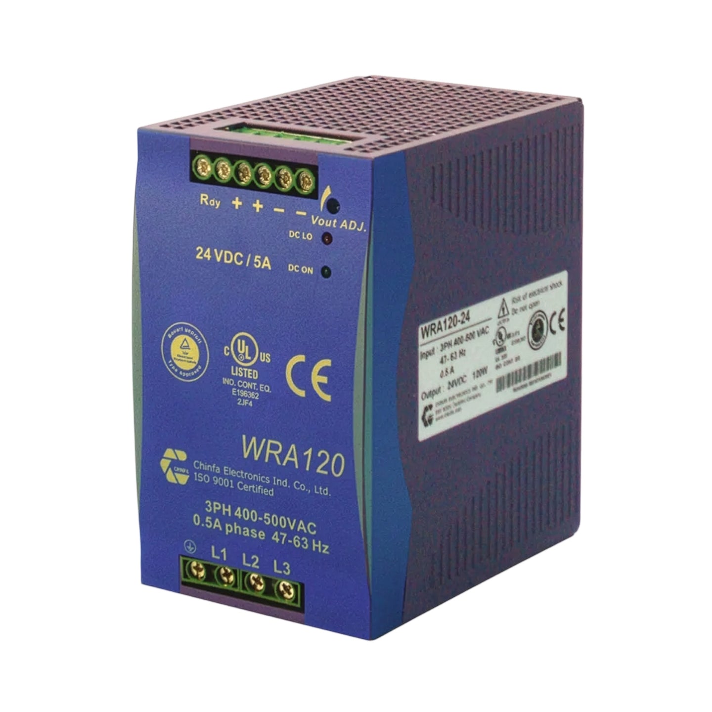 Blue power supply unit with various certifications on a white background
