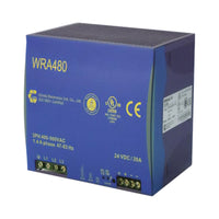Blue power supply unit with certifications on a white background
