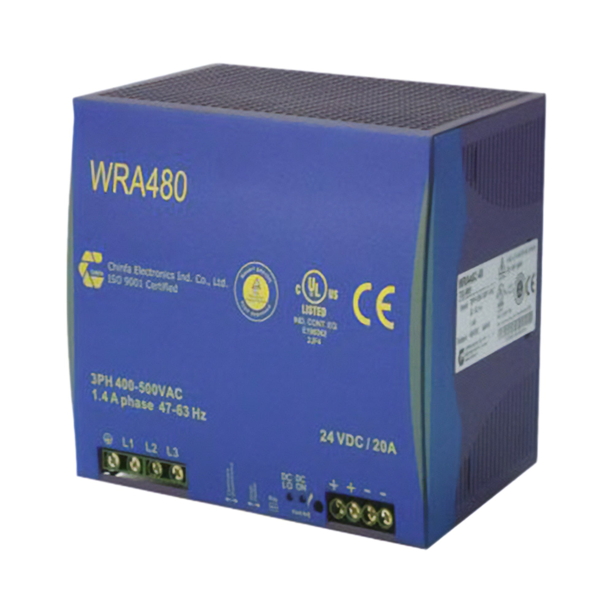 Blue power supply unit with certifications on a white background