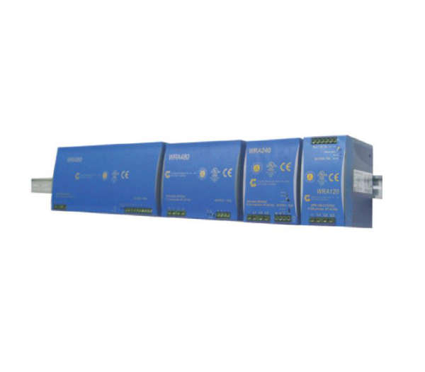 A set of three blue industrial DIN rail power supplies with branding and technical information printed on the labels.