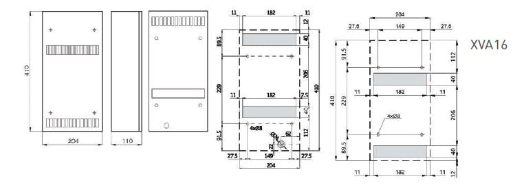 Technical drawing of a control panel with dimensions labeled