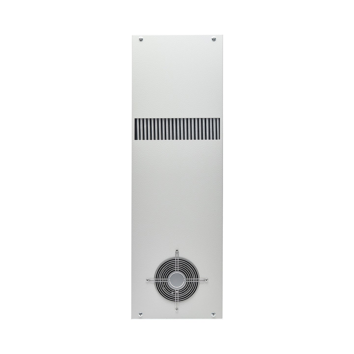 Rectangular metal air conditioner panel with ventilation grille on a white background