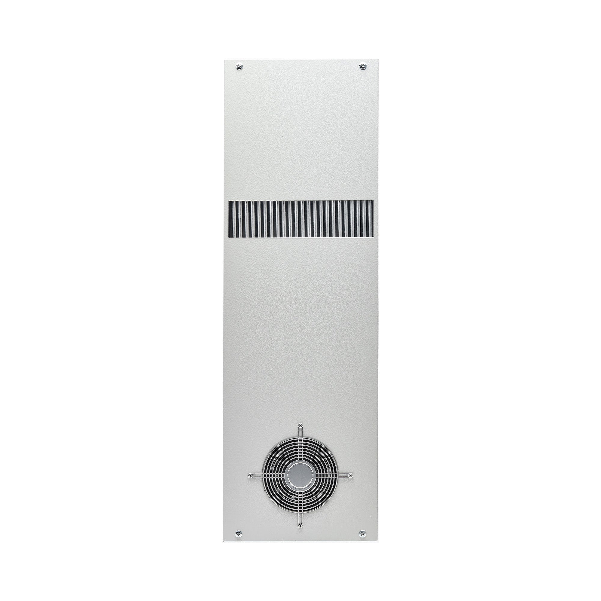 Rectangular metal air conditioner panel with ventilation grille on a white background
