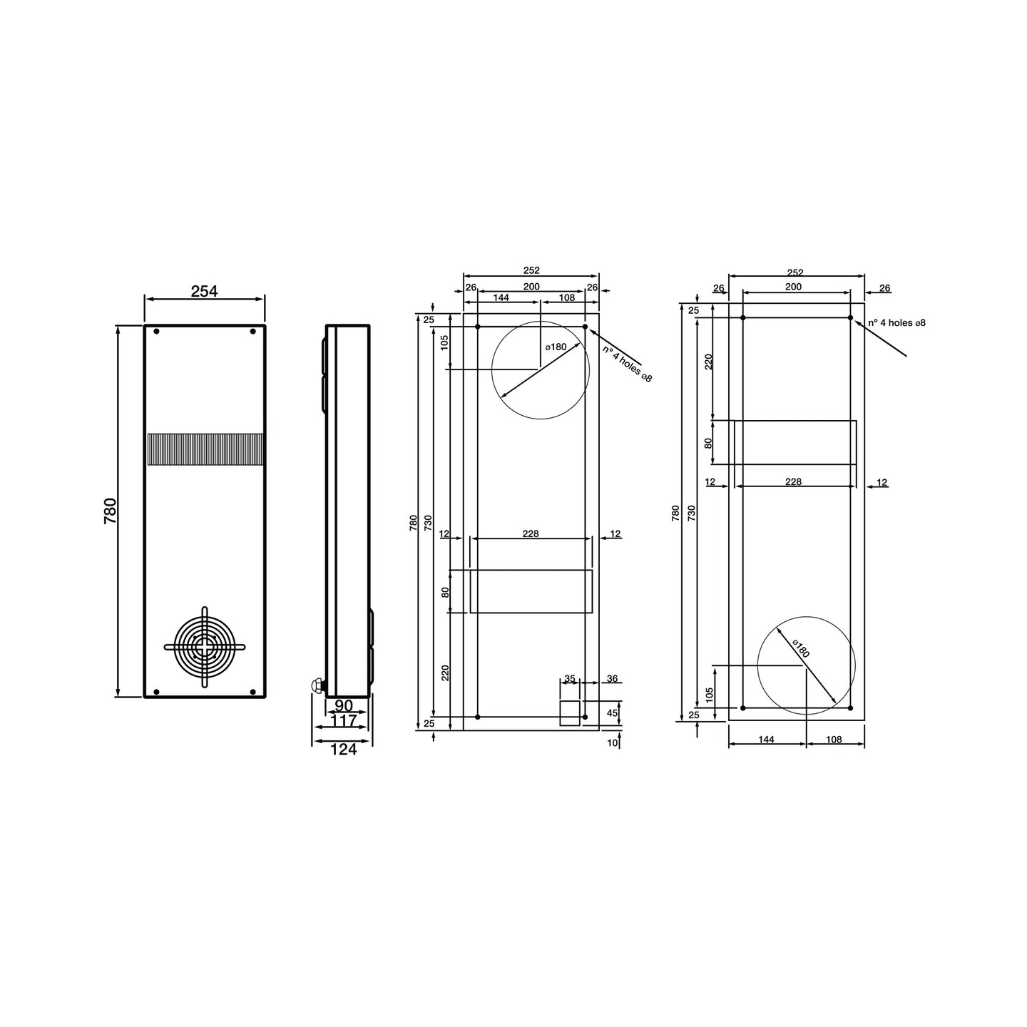 Black on white technical drawing of a rectangular object with dimensions on a white background