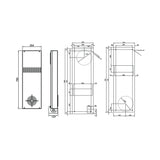 Black on white technical drawing of a rectangular object with dimensions on a white background