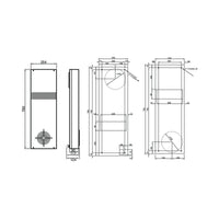Black on white technical drawing of a rectangular object with dimensions on a white background