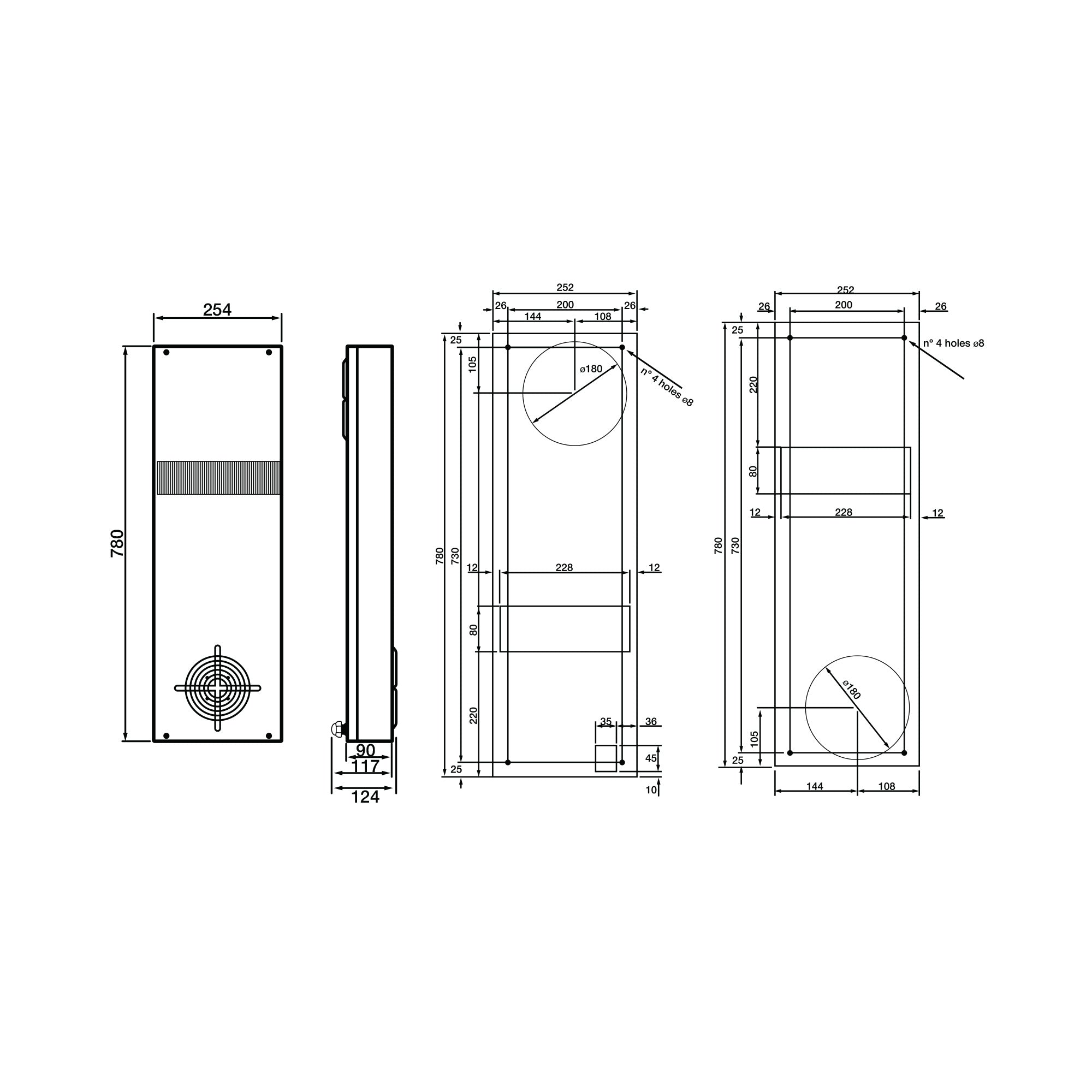 Black on white technical drawing of a rectangular object with dimensions on a white background
