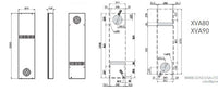 Black on white technical drawing of air conditioners with dimensions titled  'XVA80 XVA90'.