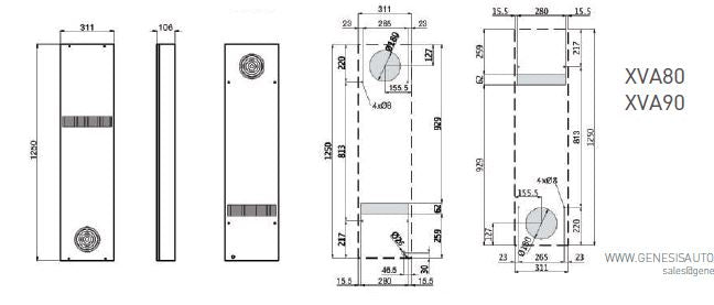 Black on white technical drawing of air conditioners with dimensions titled  'XVA80 XVA90'.