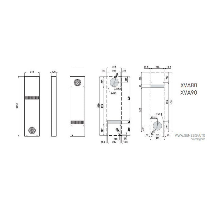 Black on white technical drawings of AC with dimensions labeled, featuring the Genesis Auto logo.