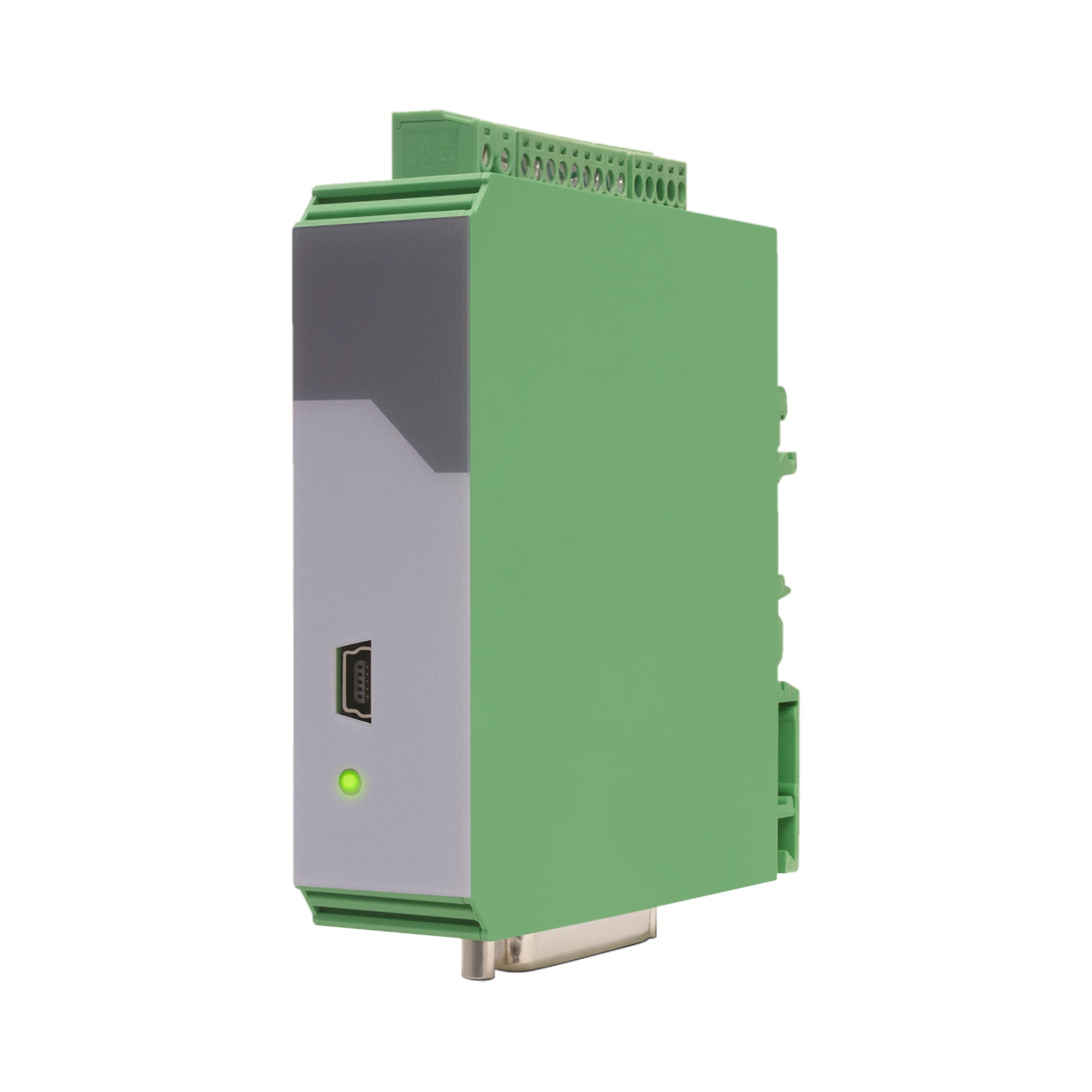 Green and gray electronic module on a white background.