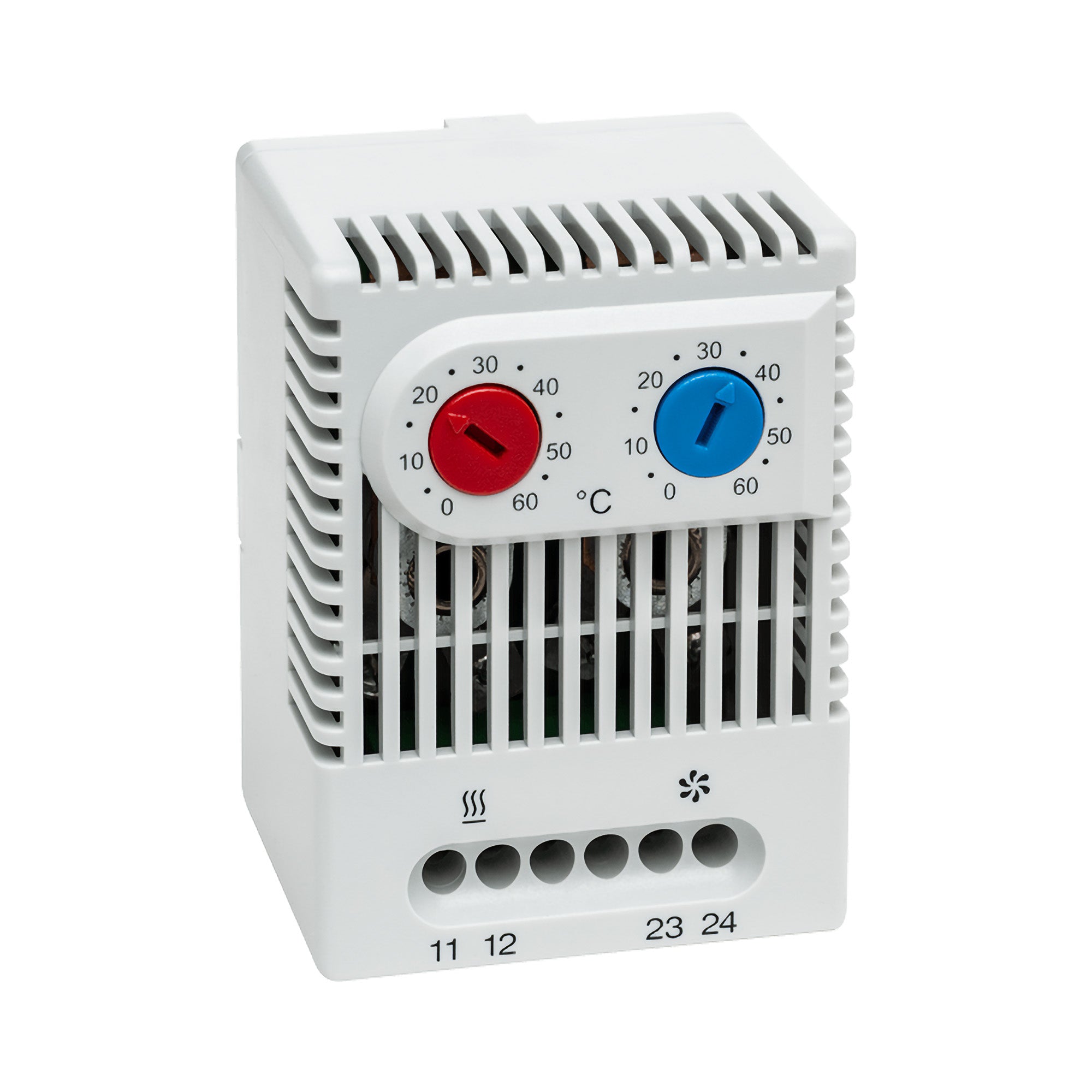 White thermostat with red and blue temperature knobs on a white background
