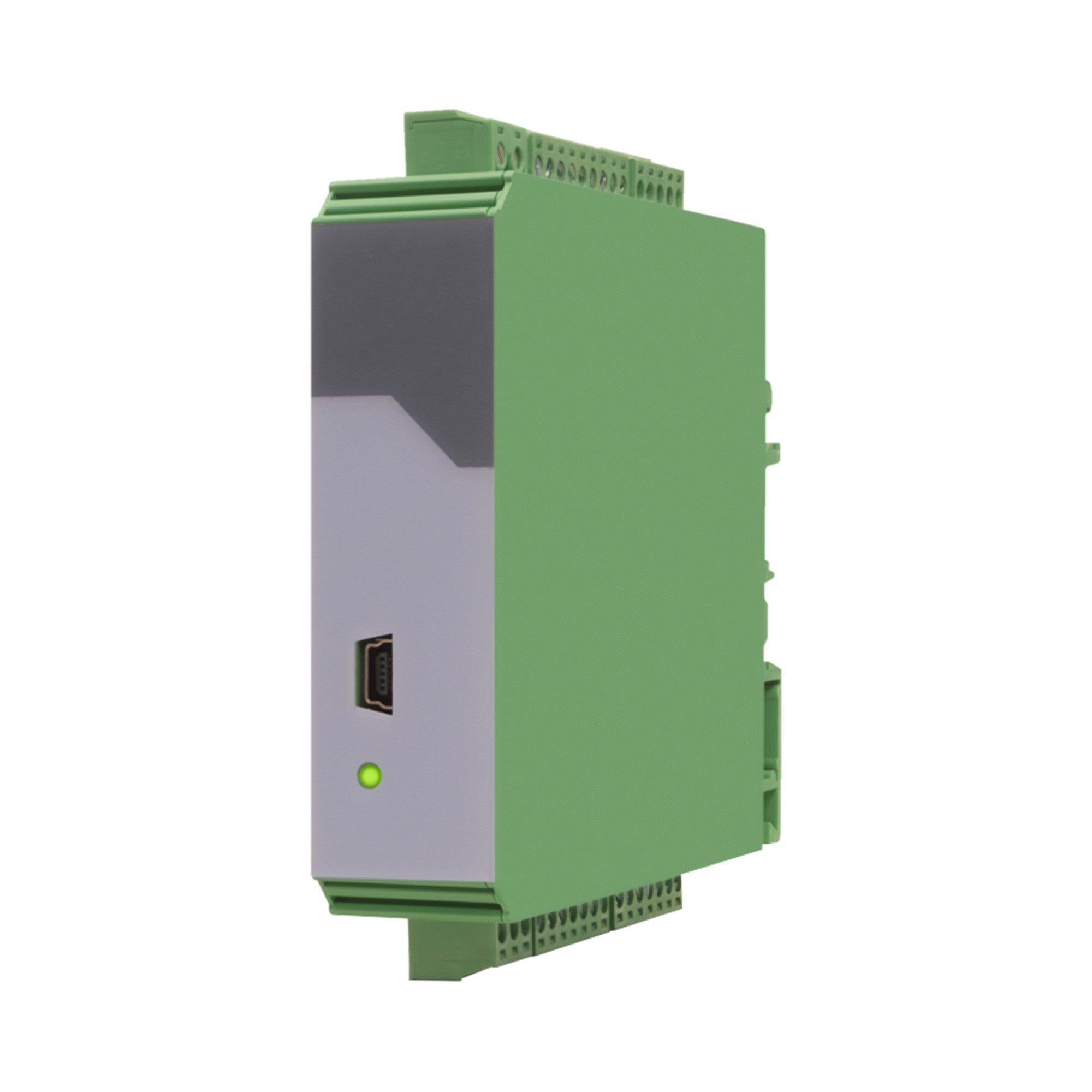 Green and gray electronic module on a white background