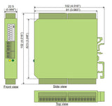 Technical drawing of a green electronic device with dimensions labeled