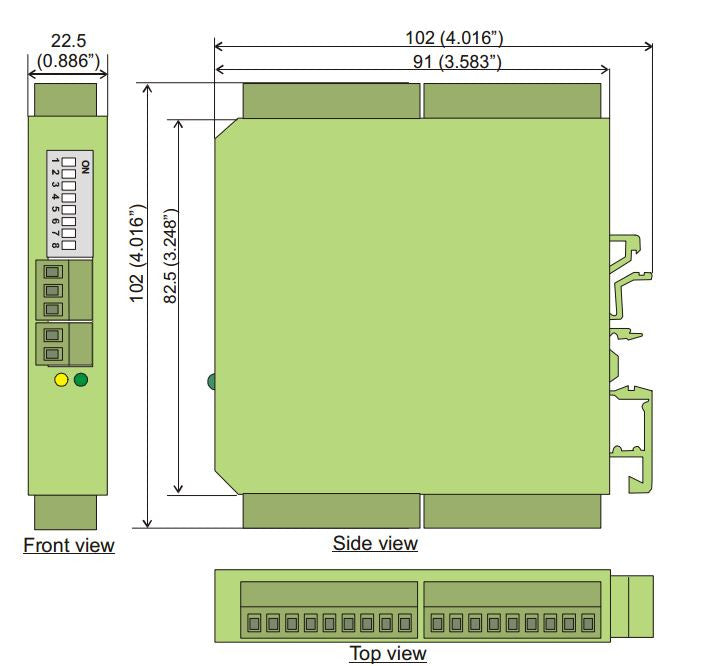 Technical drawing of a green electronic device with dimensions labeled