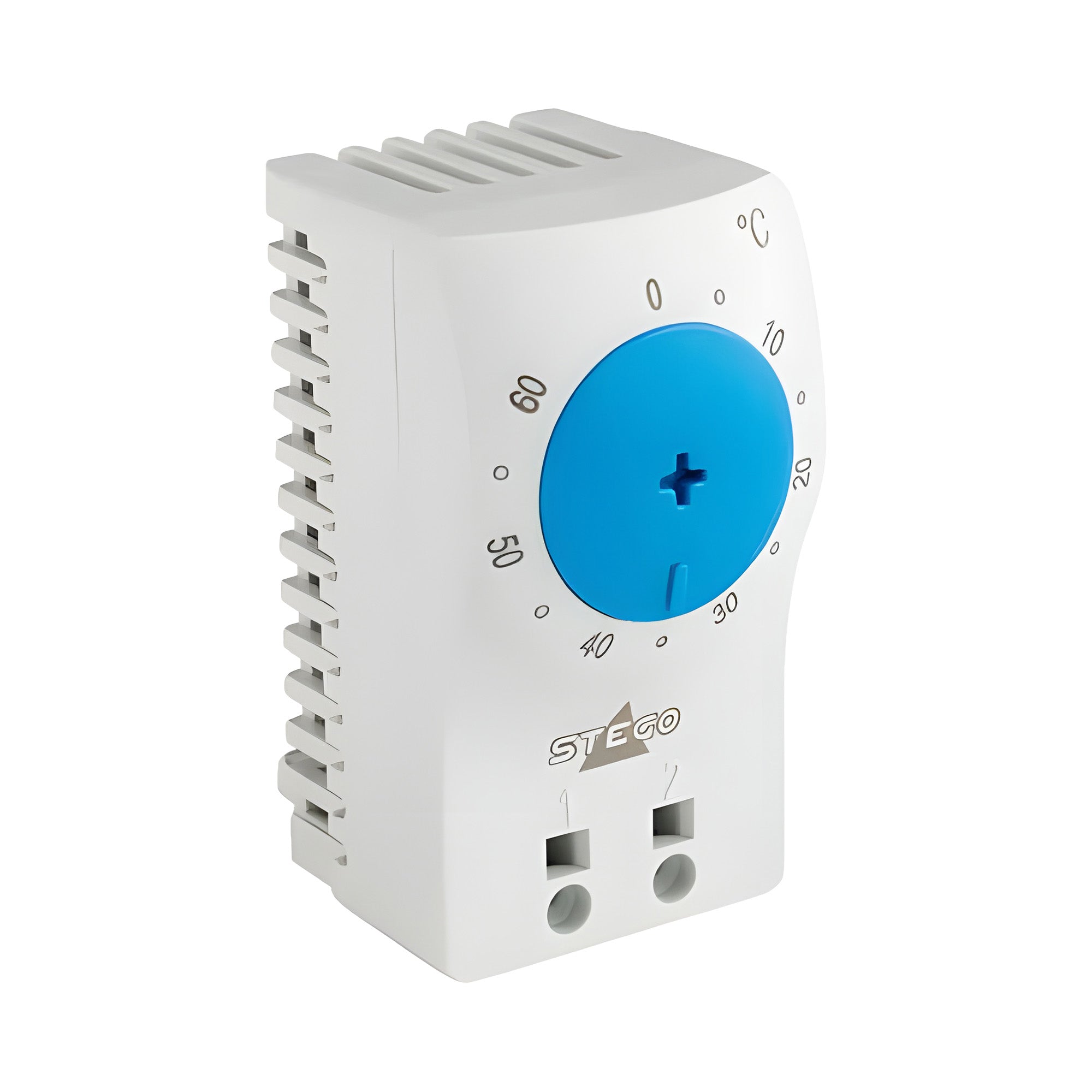 White thermostat with blue dial on a white background