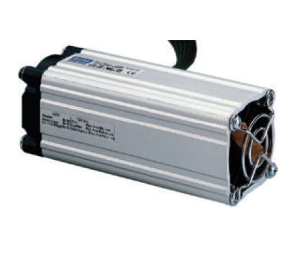A silver PTC fan heater with a DIN rail clip, designed for heating within electrical housings such as control cabinets.