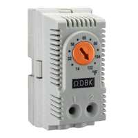 Wall-mounted DIN rail enclosure thermostats with adjustable dials, one labeled for heating in Fahrenheit with an orange dial.