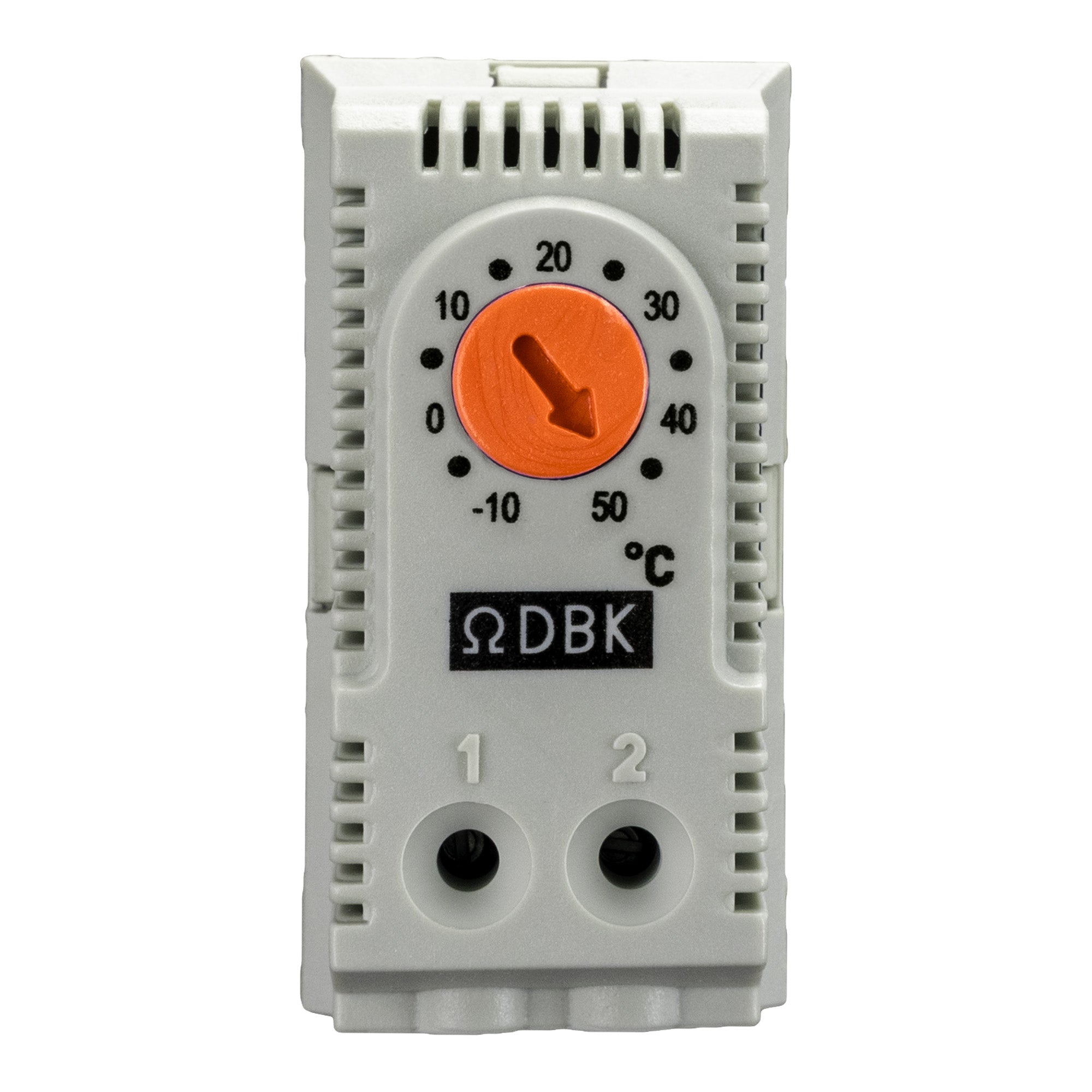 Thermostat with orange dial and white casing on a white background